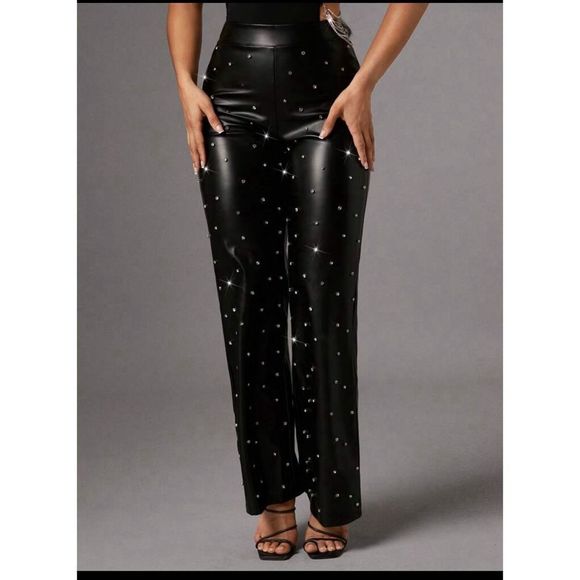 Shein Rhinestone Flare Leg Leather Pant NWT Small - Picture 2 of 7